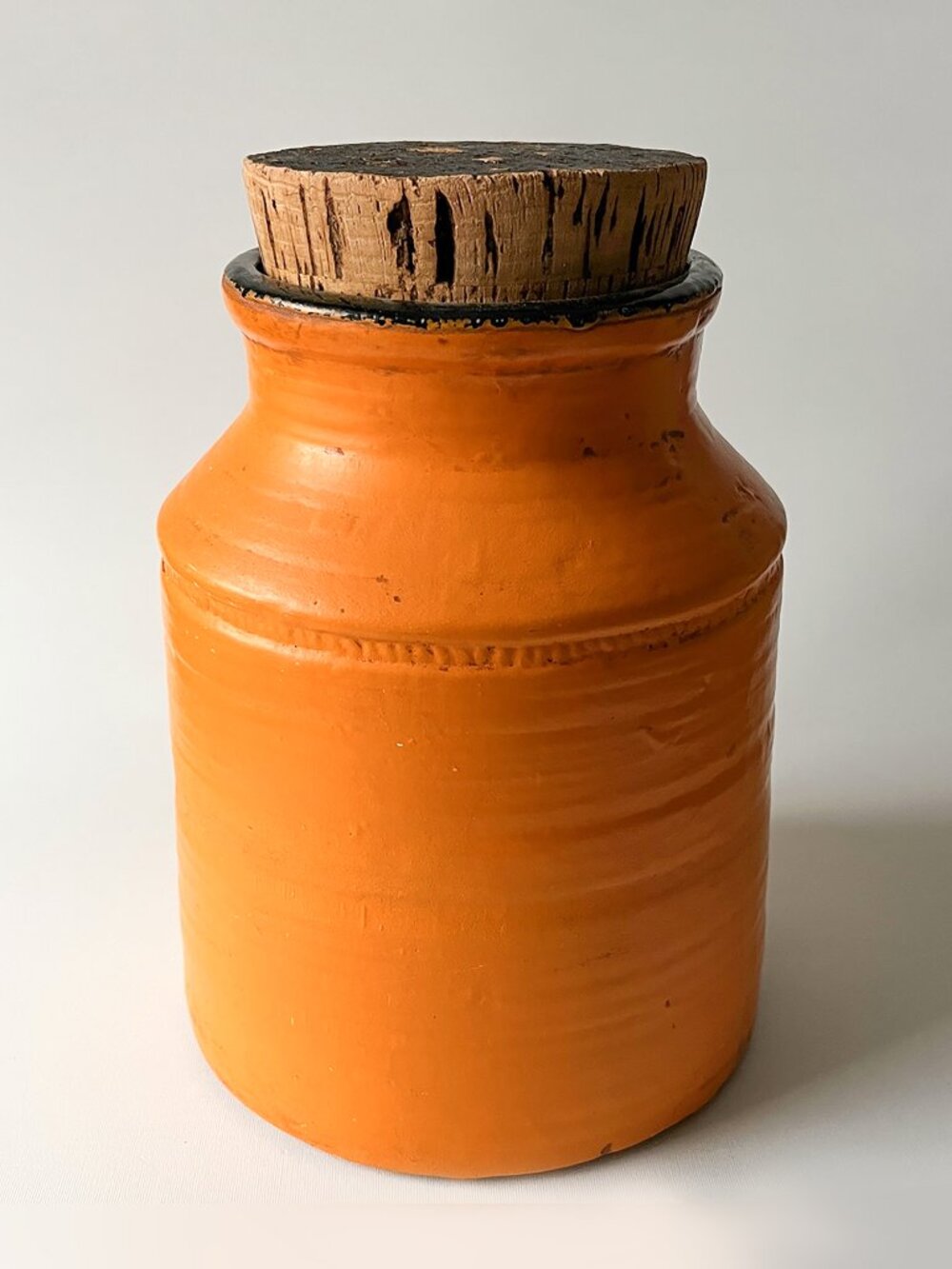 Vintage MCM Orange Glaze Pottery Canister Jar Cork Lid Canada Retro Large